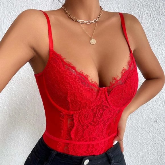 RED LACE BODYSUIT CHIC CLASSY SEXY - Picture 2 of 6